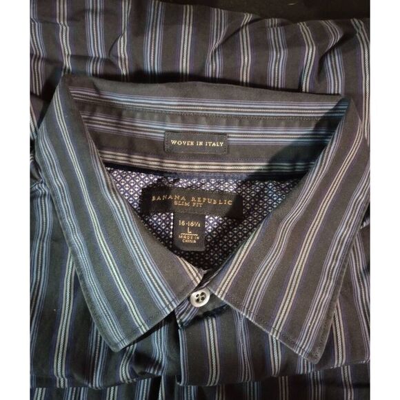Banana‎ Republic Shirt Men's Large Slim Fit Navy Button Front Long Sleeve - Picture 5 of 8